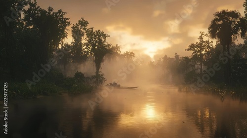 Misty sunrise over a tranquil swamp with a lone boat.