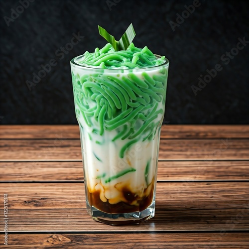 Es cendol with coconut milk, palm sugar syrup, and ice cubes photo