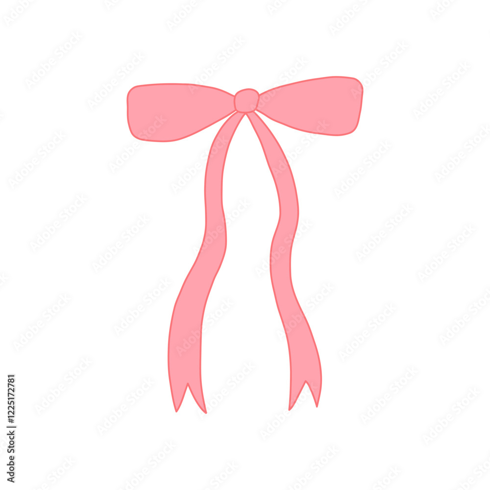 Nice bow doodle illustration. Cute long pink ribbon. Template for banner, packaging, postcard, website. Hand drawn illustration isolated on white background.