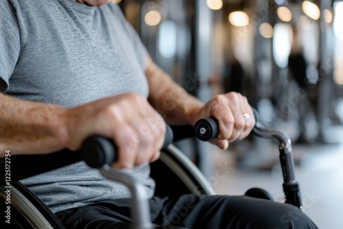 This image features a senior man actively working out using adaptive fitness equipment, demonstrating resilience and commitment to a healthy lifestyle in an inclusive gym setting. photo