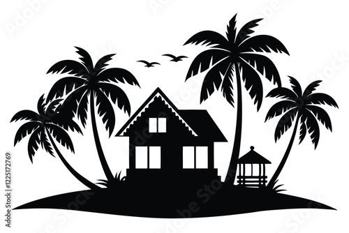 Tropical island and beach house silhouette black and white