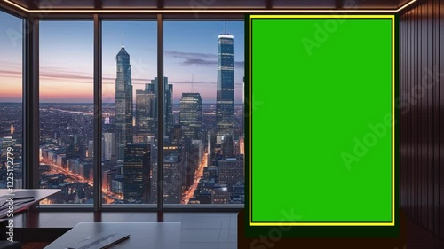 Hall blank widescreen billboard Business for marketing concept indoor board mock up with green screen empty frame with chroma key.