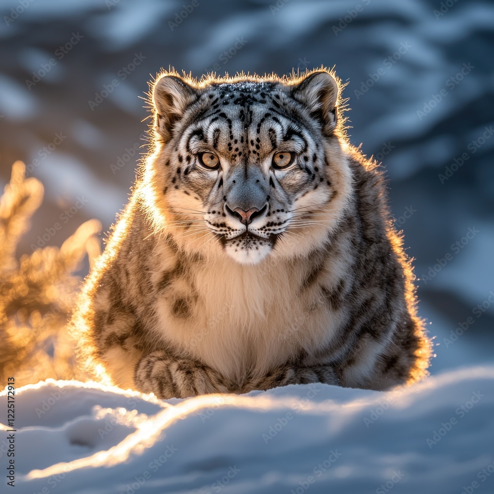 Majestic snow leopard at sunset, staring intensely. Majestic snow leopard at sunset, staring intensely.