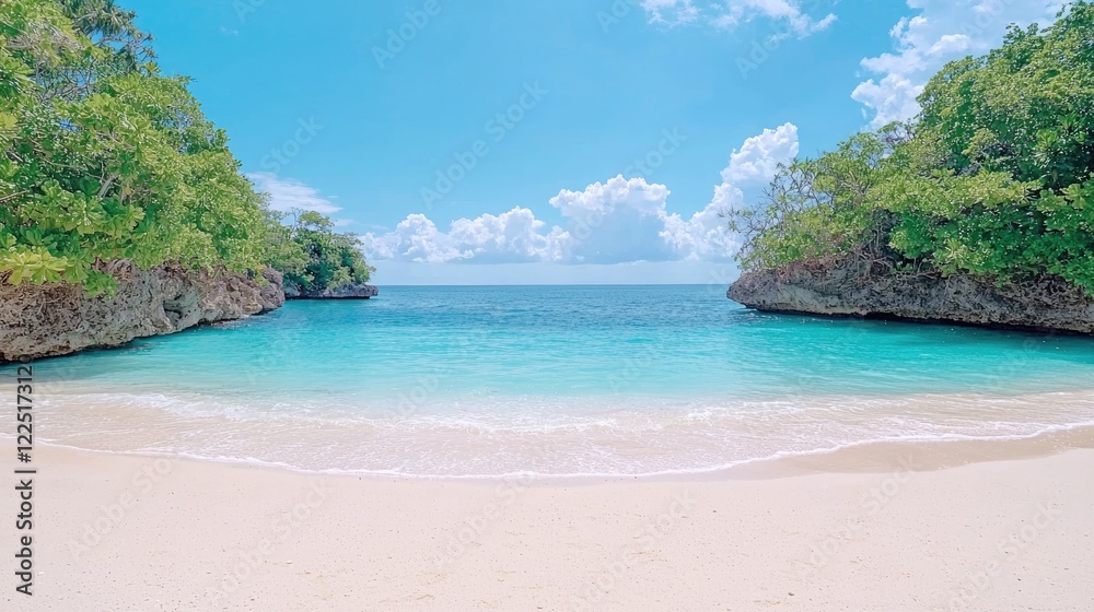 Fototapeta premium Pristine sandy beach in a secluded tropical cove with turquoise ocean water under a bright blue sky.