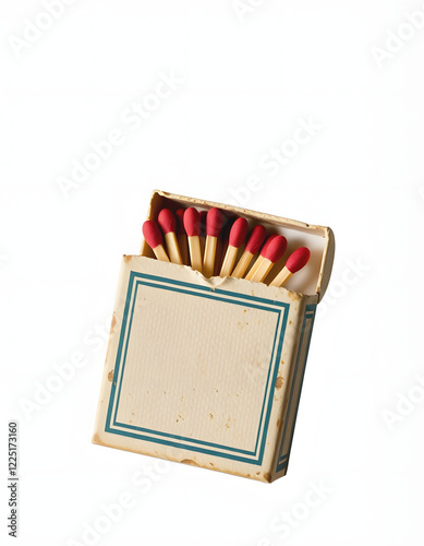 vintage old retro frayed matchbox with matches on transparent png background, craft clay, with white tones photo