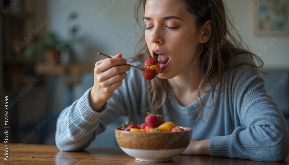 Young Woman Enjoying a Delicious and Healthy Fruit Salad at Home Young Woman Enjoying a Delicious and Healthy Fruit Salad at Home