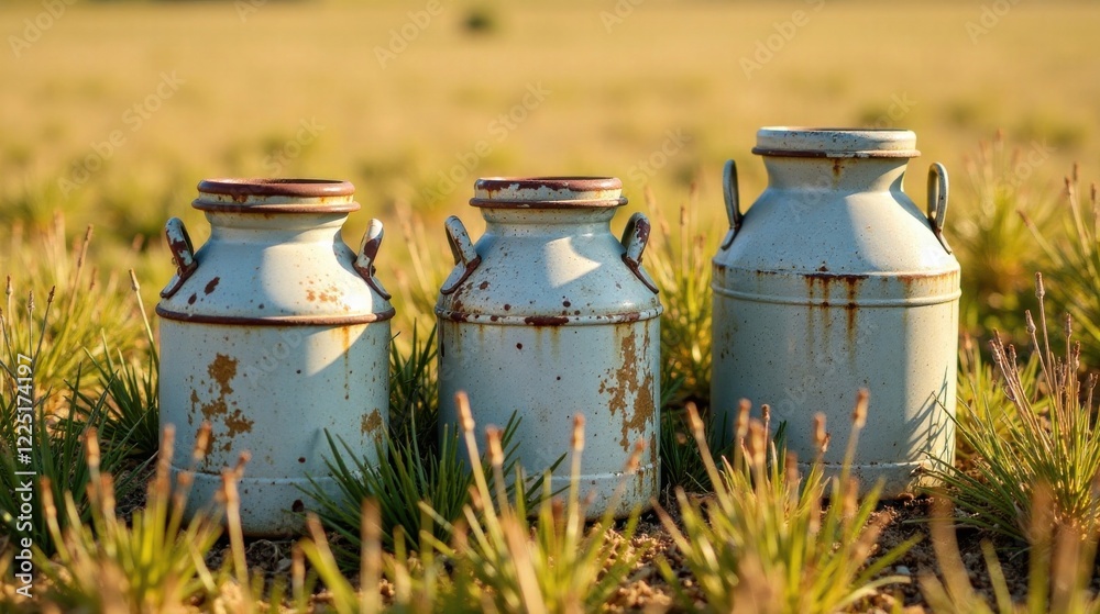 Three weathered metal milk cans rest amidst a field of vibrant green grass, bathed in the warm glow of sunlight. Three weathered metal milk cans rest amidst a field of vibrant green grass, bathed in the warm glow of sunlight.