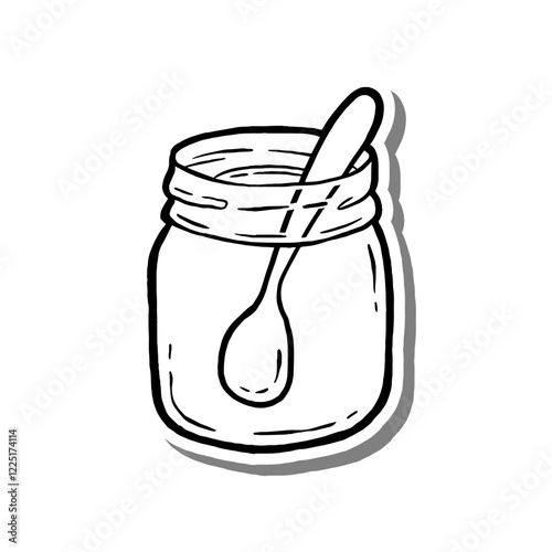 Jar with Spoon Hand Drawn Doodle Outline. Vector illustration for decorate, coloring and any design.