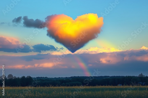 A surreal heart-shaped cloud glowing warmly at sunset, floating above a peaceful field with a vibrant rainbow extending to the horizon, creating a magical and serene atmosphere