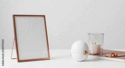 Minimalist Desk Still Life with Copper Frame, White Diffuser and Candle