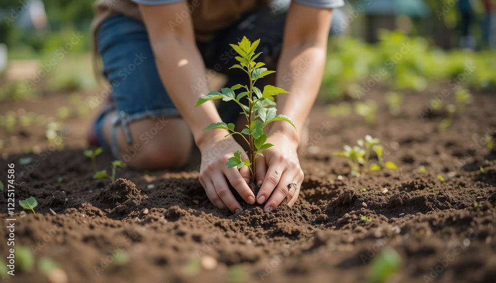 Person Planting a Young Sapling in Rich Soil Gardening Springtime Person Planting a Young Sapling in Rich Soil Gardening Springtime
