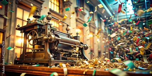 A vintage stock exchange's ticker tape machine malfunctions, signifying a deep financial crisis. photo