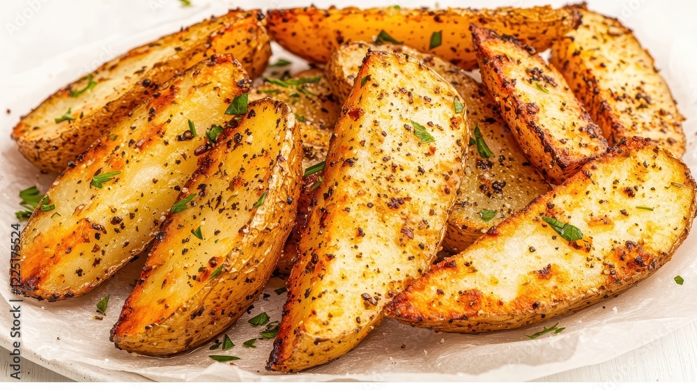 Crispy Seasoned Potato Wedges with Fresh Herbs on a White Plate Crispy Seasoned Potato Wedges with Fresh Herbs on a White Plate