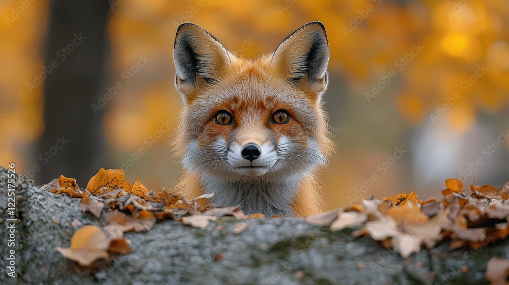 Obraz premium A curious red fox peeking over a stone wall amidst a vibrant autumn backdrop filled with golden leaves