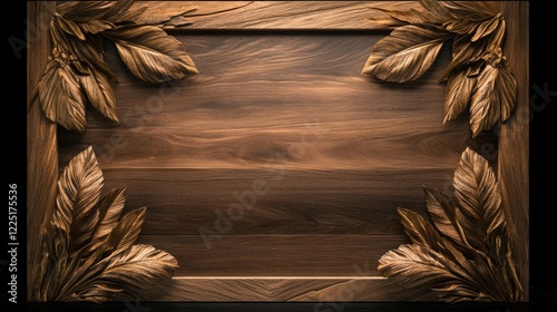 Ornate carved wooden frame with leaf motif on dark background photo