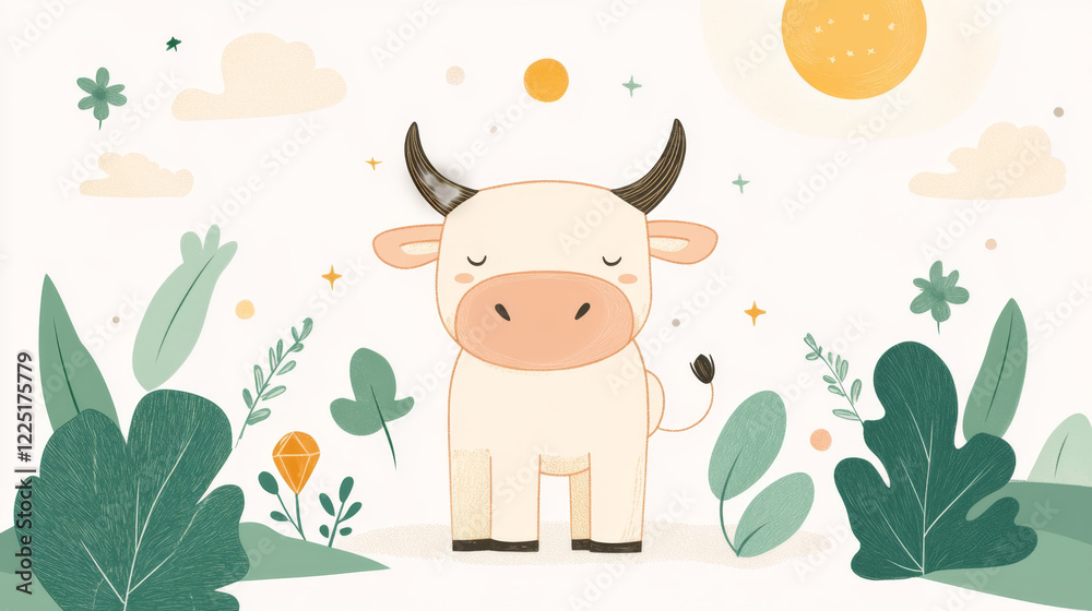Fototapeta premium Cute Taurus bull symbol surrounded by plants and sunny elements, evoking whimsical and cheerful atmosphere