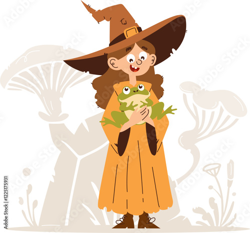 A cheerful cartoon witch girl in an orange dress holding a green frog, standing in a whimsical forest with oversized mushrooms. Cartoon Witch Girl with Frog in Forest