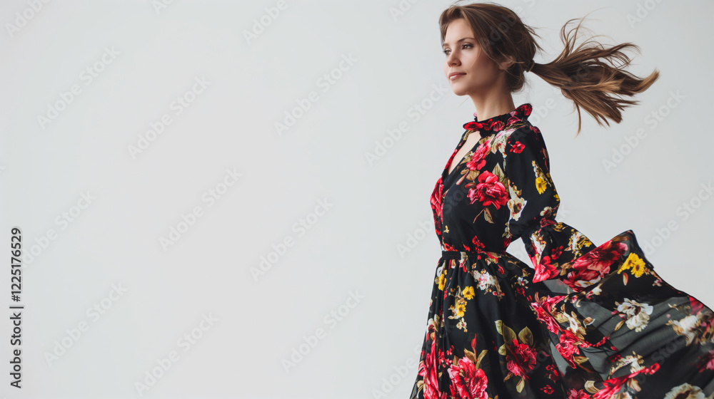Beautiful woman in a black floral dress posing on a white background. Beautiful woman in a black floral dress posing on a white background.