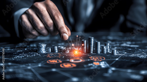 A hand interacts with a digital financial graph, showcasing data analytics and investment opportunities in a futuristic setting