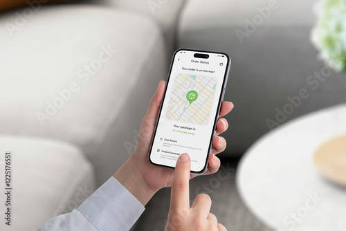 Smartphone screen displays an order tracking app with a map showing a package icon en route to delivery. Estimated arrival: 10 minutes