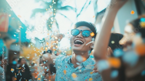 Blurred asian friends having fun throwing confetti at party outdoor - Young trendy people enjoying fest event - Hangout, friendship, trends and youth concept - Defocused photo photo