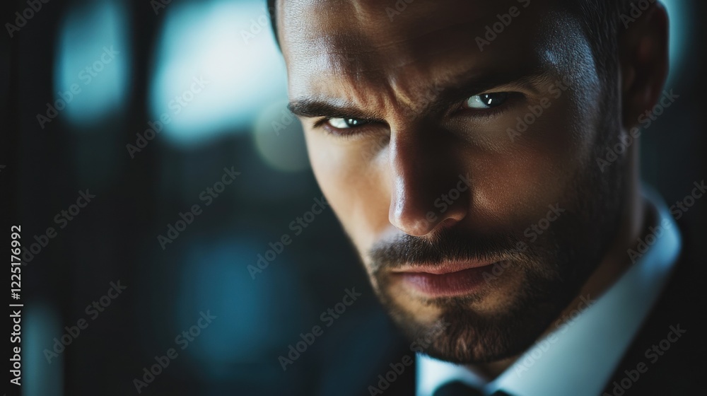 Portrait focused business man raising head to camera in blurred interior. Closeup serious man face looking down indoors. Attractive top manager thinking in dark background. Portrait focused business man raising head to camera in blurred interior. Closeup serious man face looking down indoors. Attractive top manager thinking in dark background.