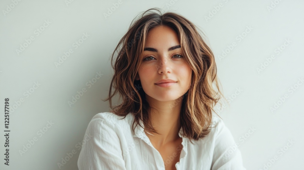 Portrait of a young woman with shoulder-length hair wearing a white shirt against a light background Copy Space Portrait of a young woman with shoulder-length hair wearing a white shirt against a light background Copy Space