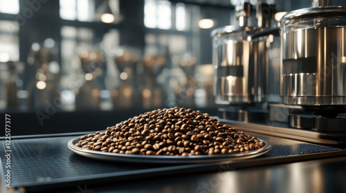 Coffee factory, A high-fidelity image of a grinding station showcasing realistic details and quality, suitable for industrial and manufacturing contexts.