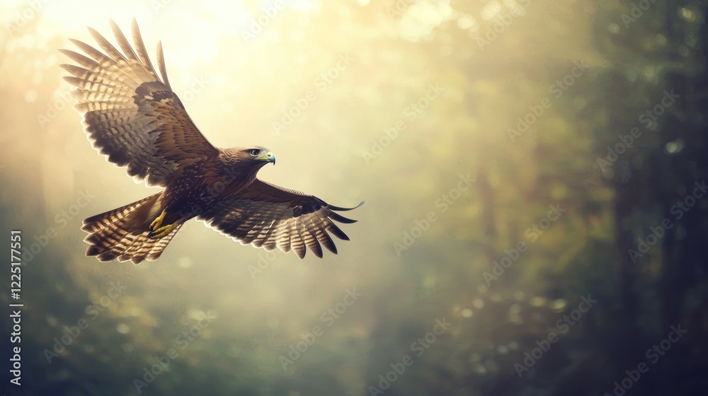 Fototapeta premium Majestic hawk soaring through sunlit forest. (1)