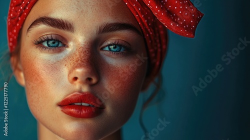 Close-up portrait of a young woman with blue eyes and red bandana, showcasing freckles and vibrant makeup, Copy Space photo