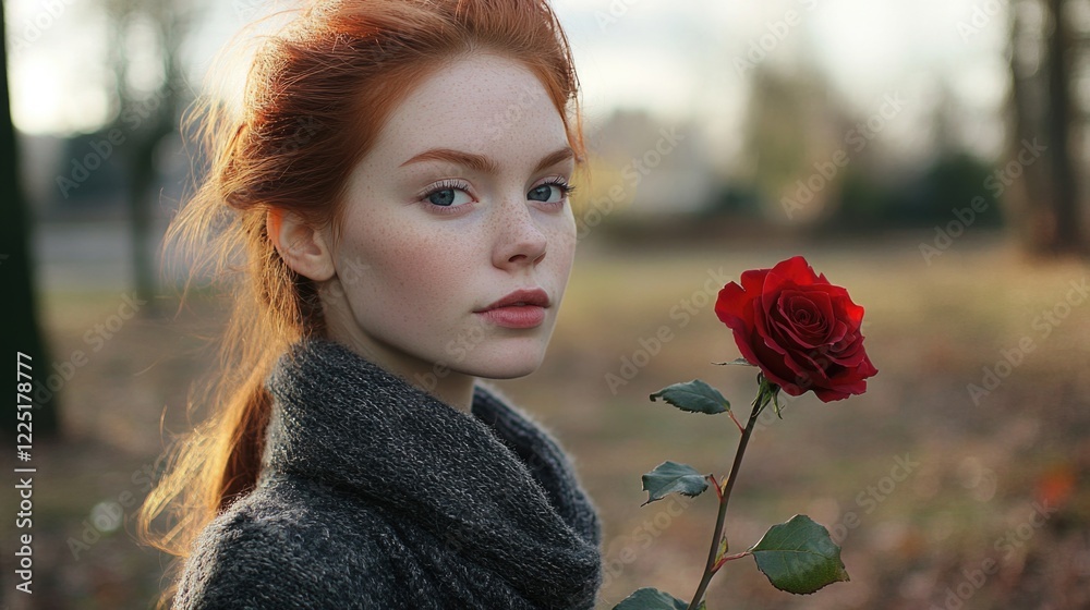Naklejka premium Portrait of a woman with red hair holding a red rose in an outdoor setting with soft focus background and natural light Copy Space