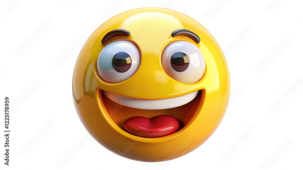 Fototapeta premium A whimsical, high-resolution 3D emoji with a crazy expression, isolated against a pure white backdrop. Aerial perspective.