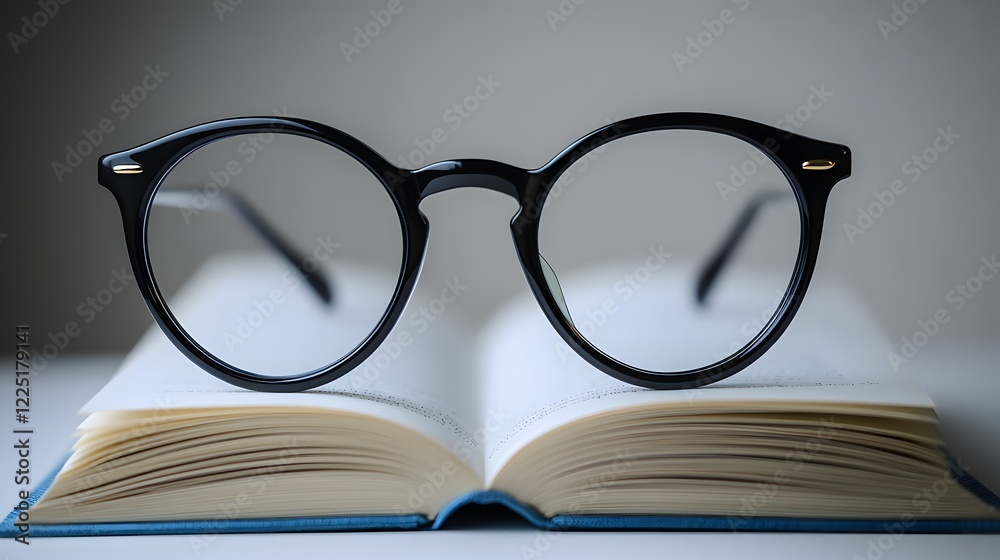 Black round glasses rest on closed book against pure white background. Minimalist composition emphasizes elegant simplicity through professional product photography with soft shadows and studio Black round glasses rest on closed book against pure white background. Minimalist composition emphasizes elegant simplicity through professional product photography with soft shadows and studio