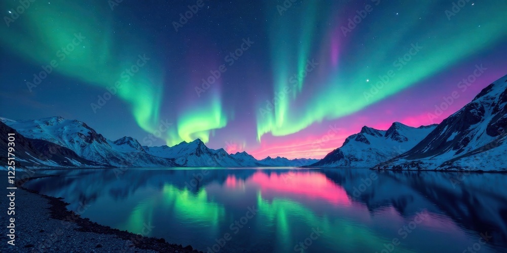 Naklejka premium Magical Aurora Borealis Reflecting on Still Waters of a Frozen Mountain Lake