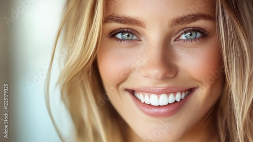Smiling young woman with long blonde hair and blue eyes on blurred background Copy Space
