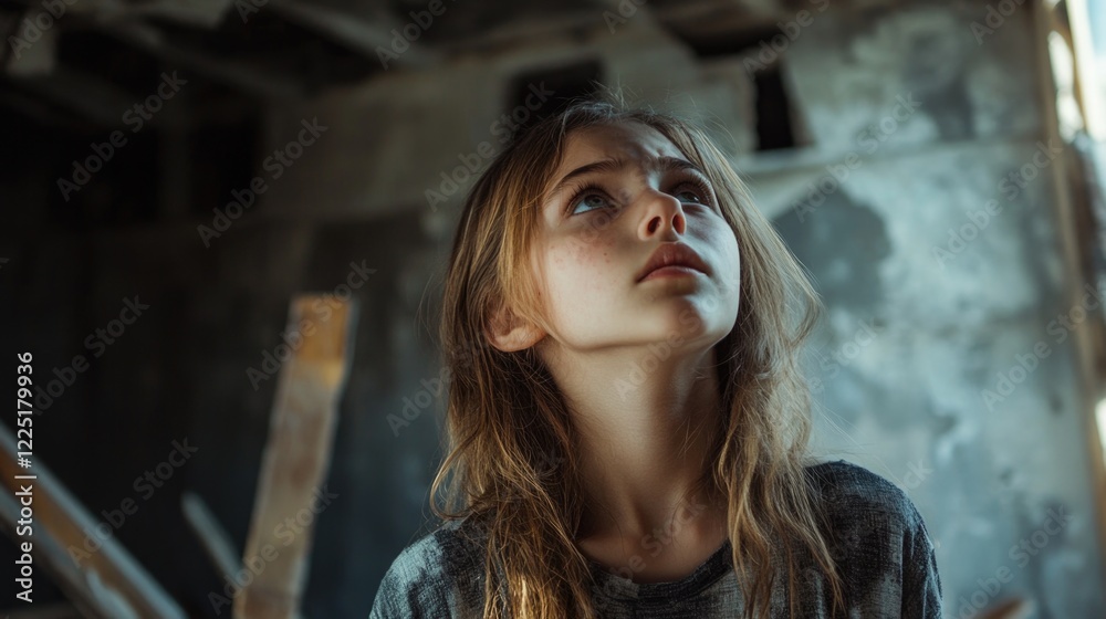 Fototapeta premium Young girl looking upwards in an abandoned building with a distressed expression and long hair, natural lighting and a somber atmosphere. Copy Space