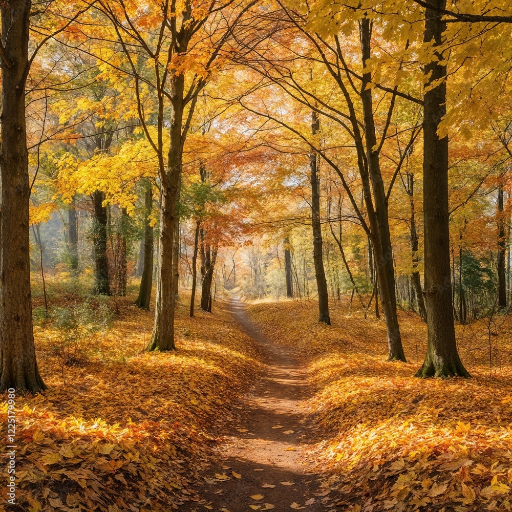 Fototapeta premium An autumn forest scene with golden and orange leaves scattered across the ground, some gently falling from the trees