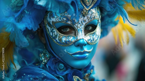 Colorful masquerade mask with elaborate blue feathers and decorations on a person's face, showcasing vibrant hues and intricate designs. photo