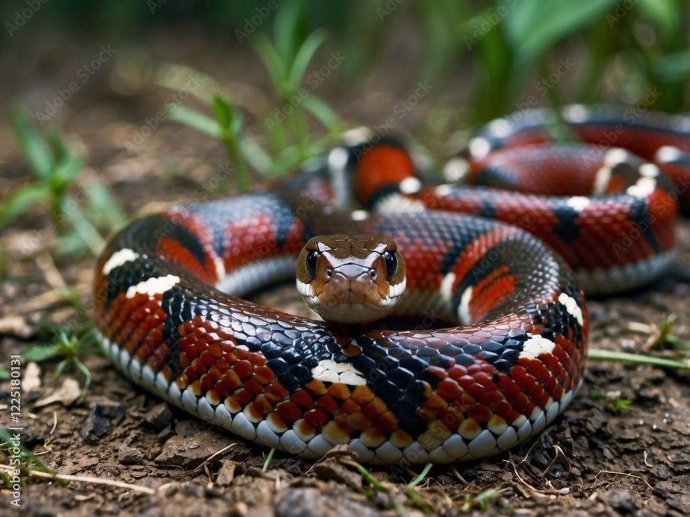 Obraz premium Colorful Coiled Snake in Natural Habitat Showcasing Striking Patterns and Biodiversity