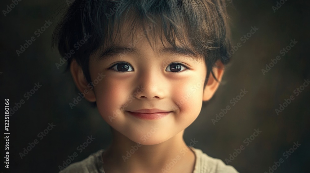 Smiling young boy with short brown hair and expressive eyes in a soft focus portrait with neutral background Smiling young boy with short brown hair and expressive eyes in a soft focus portrait with neutral background