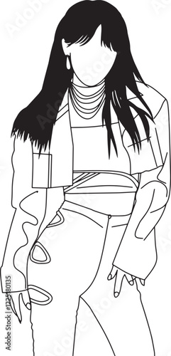 Line art illustration depicting a stylishly dressed woman with a contemporary fashion aesthetic, emphasizing her long hair and modern outfit.