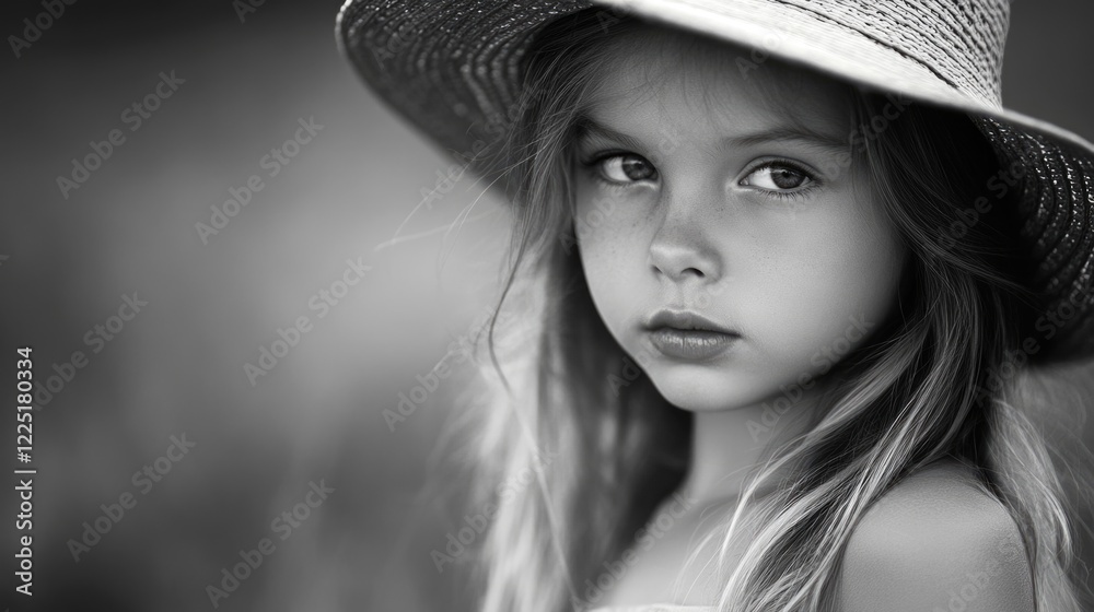 Black and white portrait of young girl wearing straw hat with soft focus background and neutral expression suitable for various uses Black and white portrait of young girl wearing straw hat with soft focus background and neutral expression suitable for various uses
