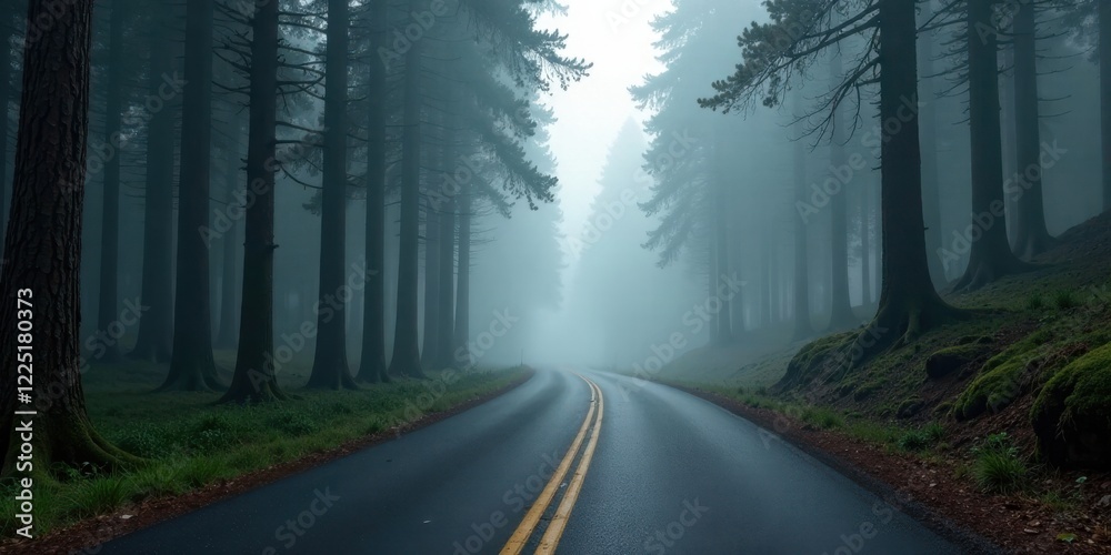 Serene asphalt road disappearing into a mystical fog-laden forest with tall trees Serene asphalt road disappearing into a mystical fog-laden forest with tall trees