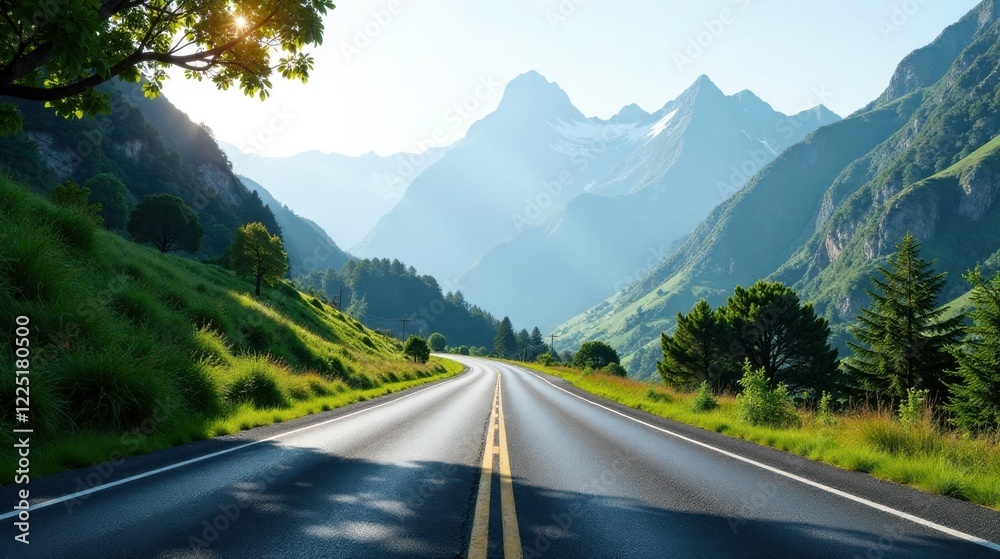 Fototapeta premium Asphalt ribbon unwinding through a verdant valley, towards majestic snow-capped peaks bathed in the golden light of sunrise