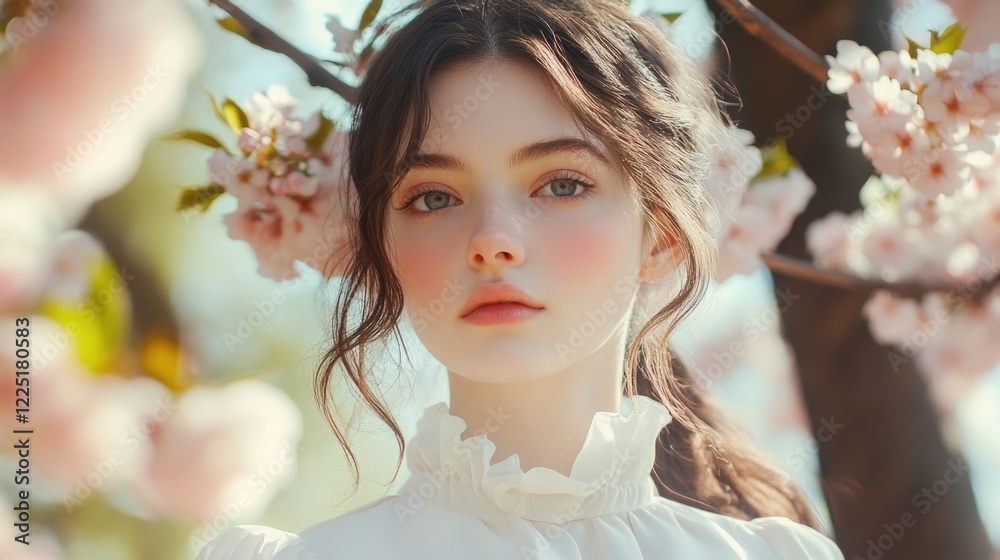 Portrait of young woman with soft features standing among blooming cherry blossom trees with gentle sunlight filtering through the branches Copy Space Portrait of young woman with soft features standing among blooming cherry blossom trees with gentle sunlight filtering through the branches Copy Space