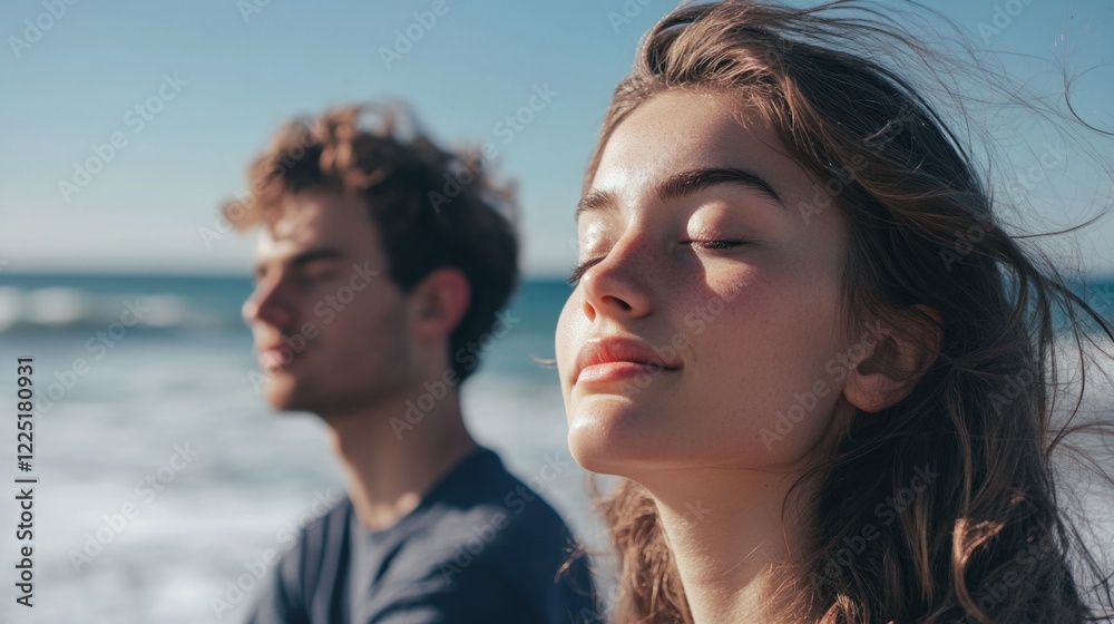 Two young adults enjoying a peaceful moment by the beach with closed eyes and serene expressions against a coastal background Copy Space Two young adults enjoying a peaceful moment by the beach with closed eyes and serene expressions against a coastal background Copy Space