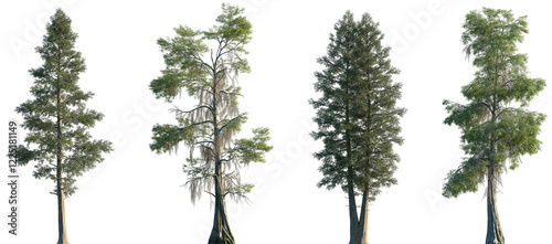 Fototapeta Naklejka Na Ścianę i Meble -  Set of 2 Chamaecyparis lawsonifrontal and 2 Taxodium distichum large trees isolated png on a transparent background perfectly cutout