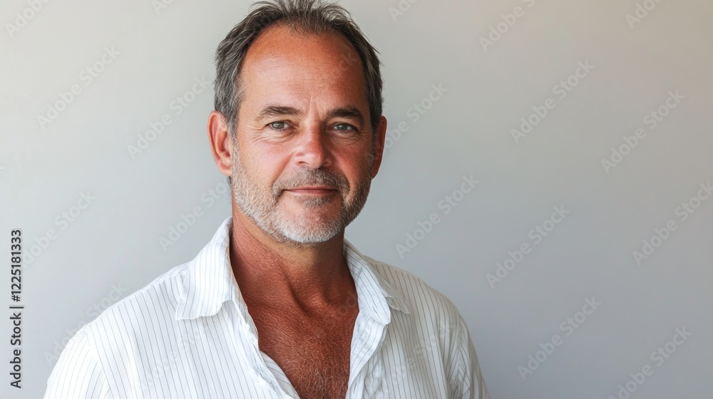 Fototapeta premium Smiling middle-aged man with gray hair wearing a white shirt against a neutral background with Copy Space.
