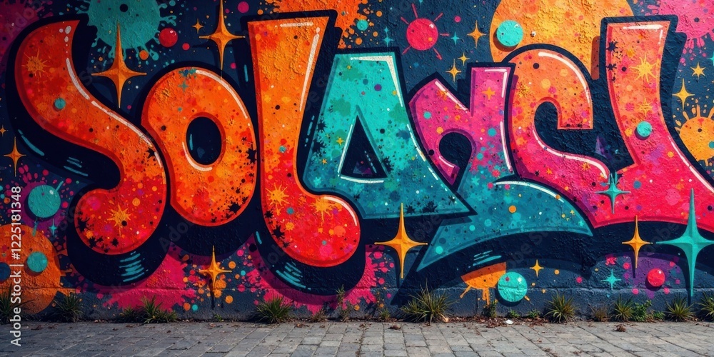 Naklejka premium Vibrant Graffiti Art Featuring Bold, Swirling Letters on a Textured Wall, Grounded by Lush Greenery and Cobblestone Pavers