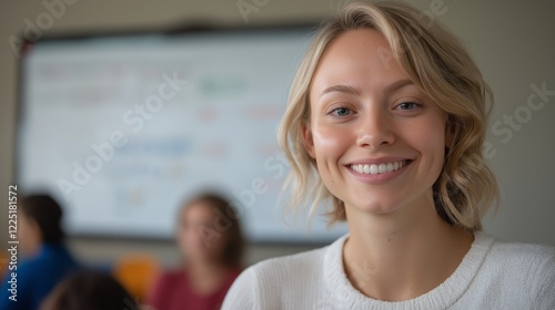 Woman teacher smiling at school with whiteboard and attentive students blurred in the background Free Download Woman teacher smiling at school with whiteboard and attentive students blurred in the background - GFXLoad